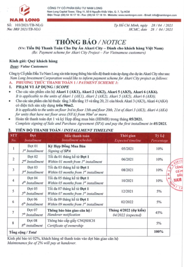 phương thức thanh toán akari city