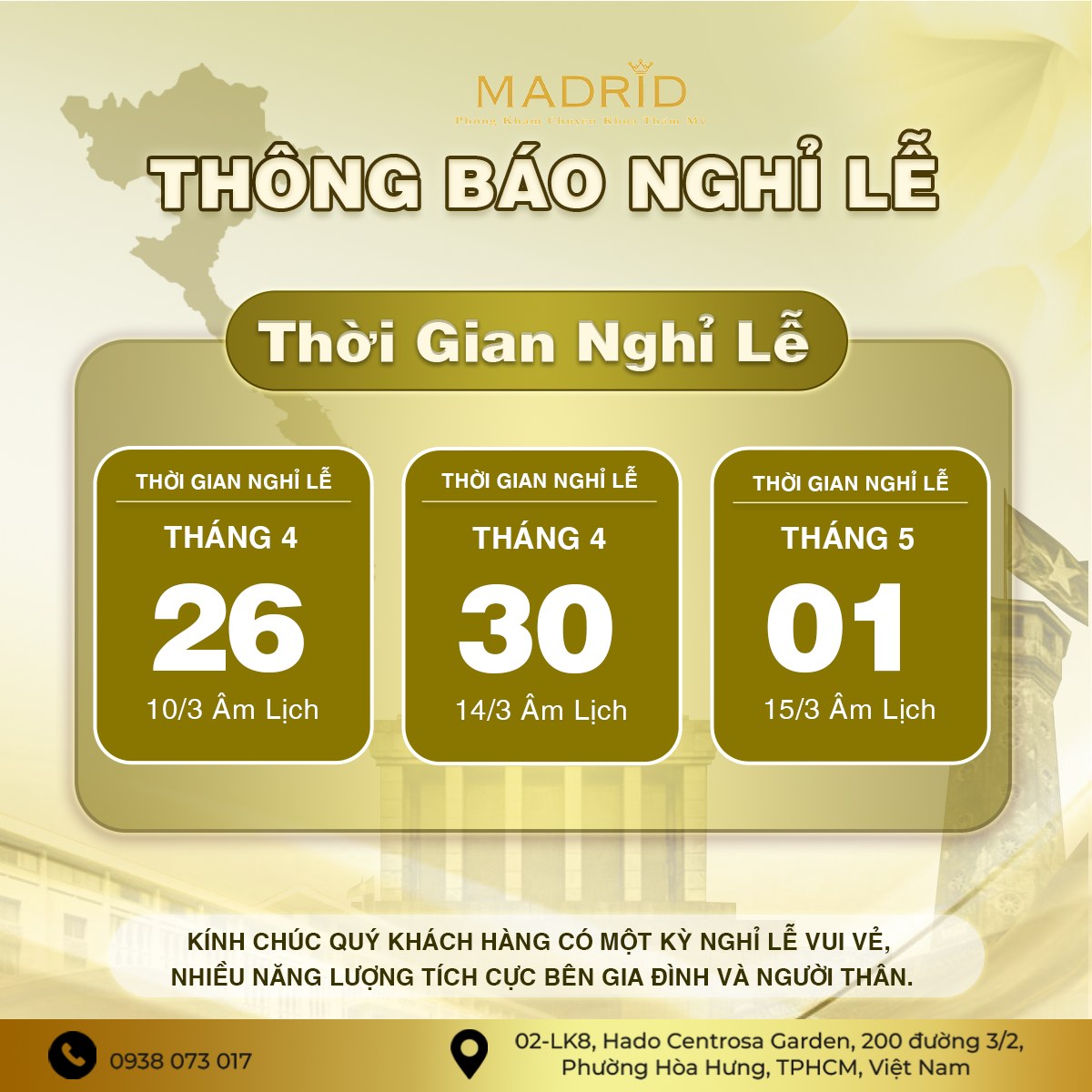 MADRID THÔNG BÁO LỊCH NGHỈ LỄ