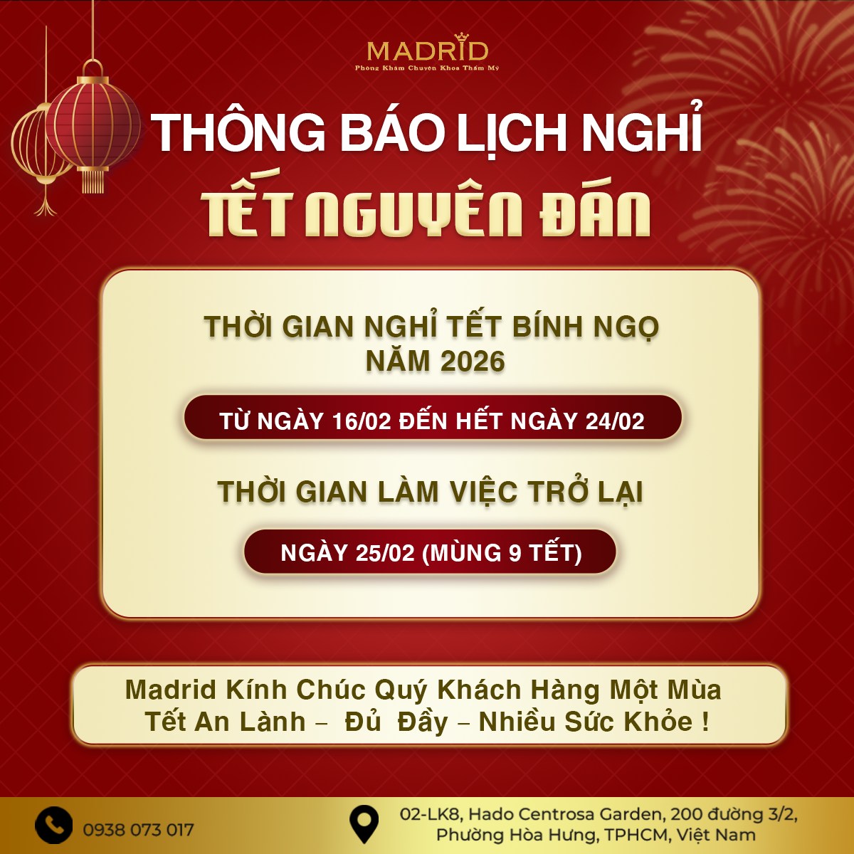 PHÒNG KHÁM CHUYÊN KHOA THẨM MỸ MADRID - THÔNG BÁO NGHỈ TẾT